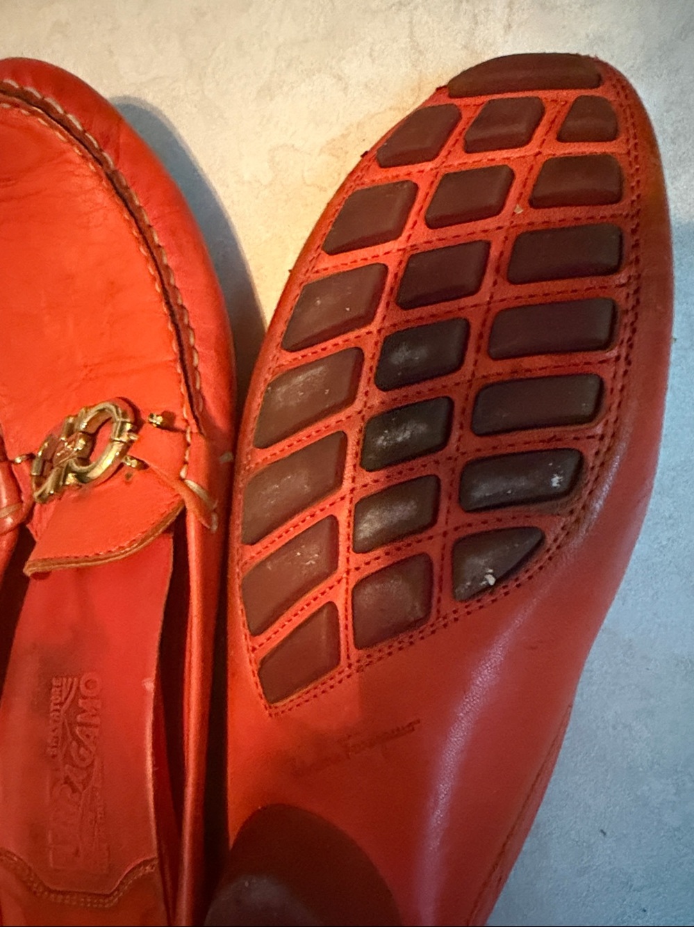Salvatore Ferragamo Red-Orange Leather Bit Slip-On Loafers - Picture 3 of 5